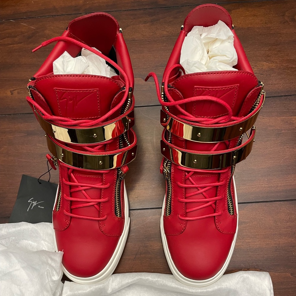 Giuseppe Zanotti Red Hightop Gold Double Ski Buckle Sneakers